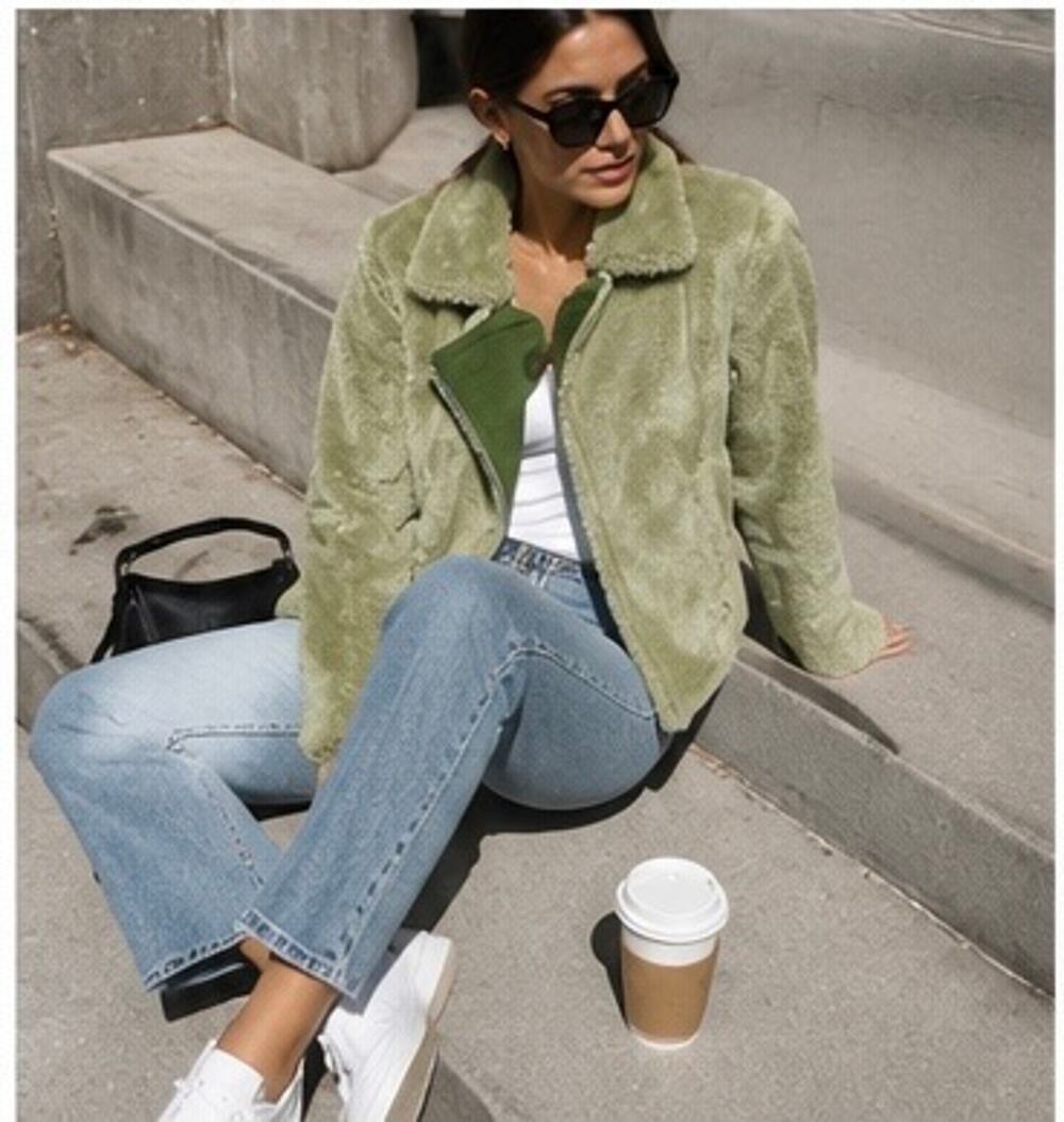 Sage Green Teddy Faux Fur Moto Jacket NWT French Designer Paul & Joe Sister US4